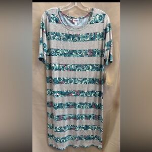 NWT LuLaRoe Julia Dress 2XL Gray Teal Stripe Bodycon